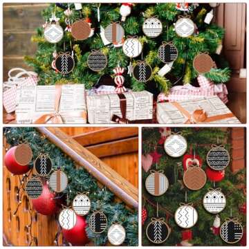 Gerrii 24 Pack Christmas Boho Ornaments Wooden Christmas Round Ornaments with Bow Christmas Tree Hanging Sign Farmhouse Supplies for Xmas Tree Decoration(Aztec)