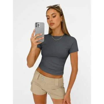 AUTMET Womens Y2K Crew Neck Gym Tops for Summer 2025