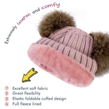 Simplicity Girls Winter Hat Kids Hat Girls Hat Faux Fur Bobble Pom Pom Hat Fleece Lined Knit Warm El...