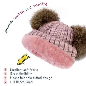 Simplicity Girls Winter Hat Kids Hat Girls Hat Faux Fur Bobble Pom Pom Hat Fleece Lined Knit Warm El...