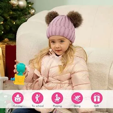 Simplicity Girls Winter Hat Kids Hat Girls Hat Faux Fur Bobble Pom Pom Hat Fleece Lined Knit Warm Elastic Toddler Winter Hat Kids Beanie, Pink