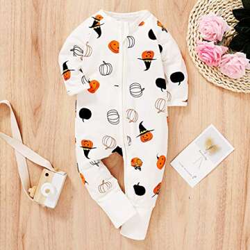 YOUNGER STAR Baby Boys Girls Clothes Halloween Long Sleeve Hooded Romper Jumpsuit Pumpkin Ghost Prin...