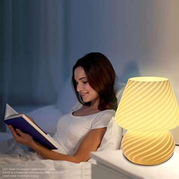 BSOD Glass Mushroom Bedside Table Lamp, Yellow Translucent Murano Vintage Style Striped Small Nights...