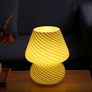 BSOD Glass Mushroom Bedside Table Lamp, Yellow Translucent Murano Vintage Style Striped Small Nightstand Desklamp Swirl Light for Home Decor, Dining, Living, Bedroom, Gift (Stripe Yellow)