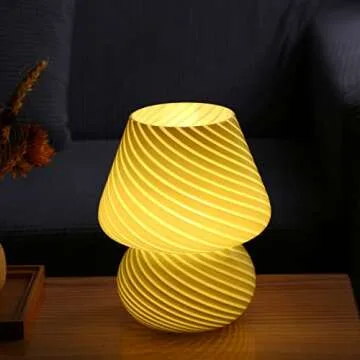 BSOD Glass Mushroom Bedside Table Lamp, Yellow Translucent Murano Vintage Style Striped Small Nightstand Desklamp Swirl Light for Home Decor, Dining, Living, Bedroom, Gift (Stripe Yellow)