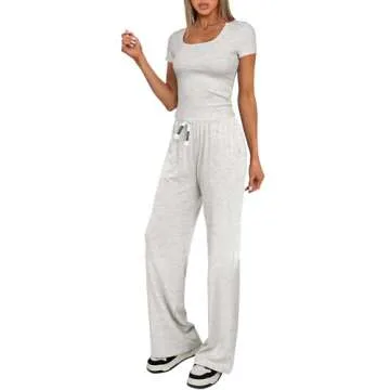 Darong Women 2 Piece Outfits Sweatsuit Set 2024 Summer Round Neck Fitted Top Wide Leg Sweatpant Loun...