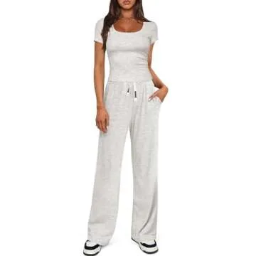Darong Women 2 Piece Outfits Sweatsuit Set 2024 Summer Round Neck Fitted Top Wide Leg Sweatpant Lounge Set Tracksuit 9056 Light Grey XS 31" Inseam