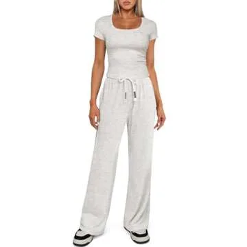Darong Women 2 Piece Outfits Sweatsuit Set 2024 Summer Round Neck Fitted Top Wide Leg Sweatpant Lounge Set Tracksuit 9056 Light Grey XS 31" Inseam