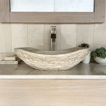 Natural Travertine Chiseled Bathroom Vessel Sink - Oval Canoe Shape - Marble - Free Soap Tray