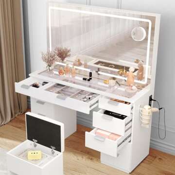 YITAHOME Makeup Vanity with Large LED Mirror, Charging Station, 11 Drawers, Vanity Desk with Tempered Glass Top, Storage Bench, 3-Color Adjustable Lighting