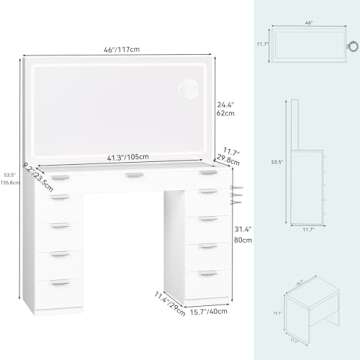 YITAHOME Makeup Vanity with Large LED Mirror, Charging Station, 11 Drawers, Vanity Desk with Tempered Glass Top, Storage Bench, 3-Color Adjustable Lighting