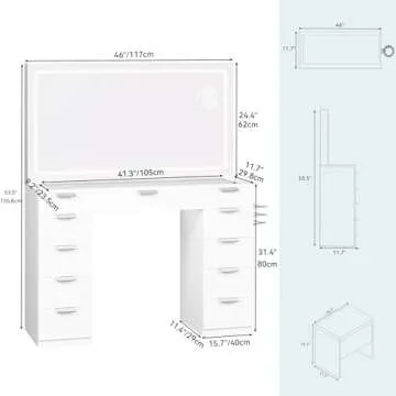 YITAHOME Makeup Vanity with Large LED Mirror, Charging Station, 11 Drawers, Vanity Desk with Tempered Glass Top, Storage Bench, 3-Color Adjustable Lighting