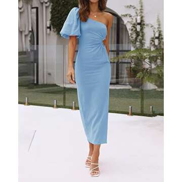 BTFBM Women Casual One Shoulder Maxi Dress Puff Short Sleeve Cutout Split Party Wedding Guest 2023 S...
