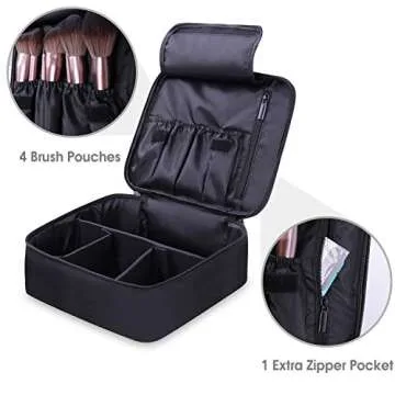 Narwey Travel Makeup Bag with Brush Compartments，Portable Cosmetic Bag，Make up Bag Makeup Organizer Case with Brush Storage for Women (Black-New)
