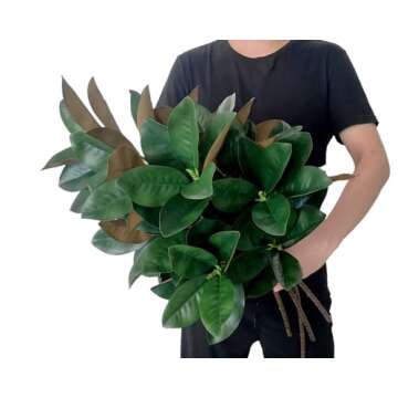 Olivachel Artificial Magnolias Branch Faux Rubber Tree Leaves Long Stem Real Touch for Home Indoor O...