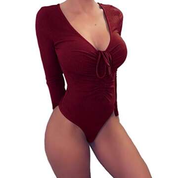 geluboao Women's TieFront Bandage One Piece Tight Bodysuit Jumpsuit Wine S