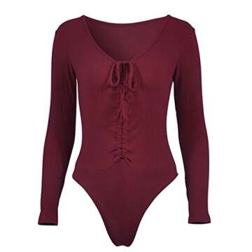 geluboao Women's TieFront Bandage One Piece Tight Bodysuit Jumpsuit Wine S