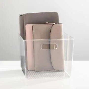 mDesign Small Modern Plastic Storage Organizer Bin Basket with Handles for Home Closet Organization - Shelf, Cubby, Cabinet, and Cupboard Organizing Decor - Ligne Collection - 2 Pack - Clear