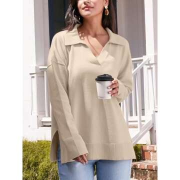 LILLUSORY Oversized Sweaters for Women 2024 Fall Trendy Sexy V Neck Collared Tunic Chunky Knit Long ...