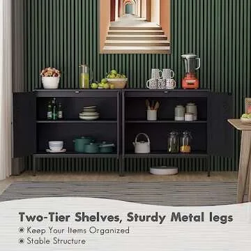 Yechen Set of 2 Sideboard Cabinet with Natural Rattan Hand-Woven Doors, 66" Rattan Cabinet, Cane Buffet Cabinet Accent Console Table Credenza Cupboard, for Living Room Entryway, Black, Metal Legs