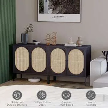 Yechen Set of 2 Sideboard Cabinet with Natural Rattan Hand-Woven Doors, 66" Rattan Cabinet, Cane Buffet Cabinet Accent Console Table Credenza Cupboard, for Living Room Entryway, Black, Metal Legs