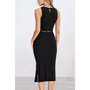 PRETTYGARDEN Women's 2 Piece Summer Outfits Crewneck Tank Tops Split Bodycon Midi Skirt Set (Black,Medium)