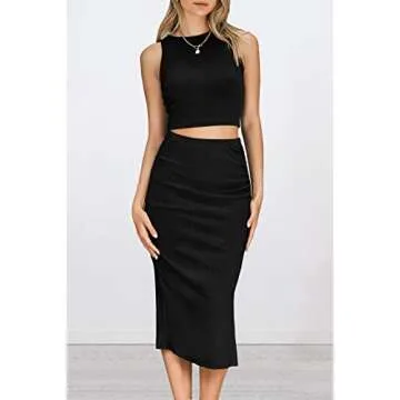 PRETTYGARDEN Women's 2 Piece Summer Outfits Crewneck Tank Tops Split Bodycon Midi Skirt Set (Black,Medium)
