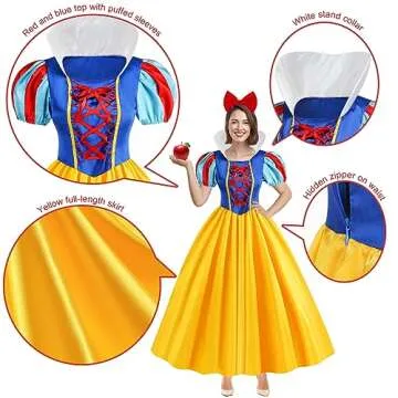 WISHTEN Princess Costume for Women,Adults Princess Dress with Headband, Halloween Costume Cosplay Dress Up Outfit (Large)