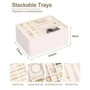 Jenseits 4 Jewelry Organizer Drawer Insert, Stackable Velvet Jewelry Tray Organizer Display Case Storage Containers, Earring Holder Necklace Watch Bracelet Accessary Ring Trays, Gift For Women (Beige)
