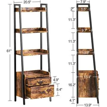 FABATO 4-Tier Ladder Shelf Bookcase with 2 Drawer Organizer Display Shelves Freestanding Bookshelf with Metal Frame for Living Room Office Kitchen Rustic Brown