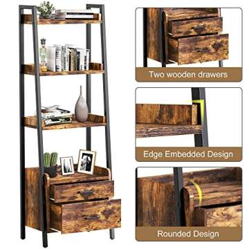 FABATO 4-Tier Ladder Shelf Bookcase with 2 Drawer Organizer Display Shelves Freestanding Bookshelf with Metal Frame for Living Room Office Kitchen Rustic Brown