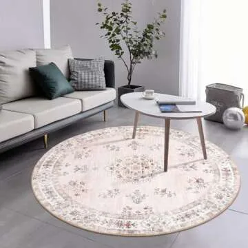 Lahome Washable Pink Round Rug 4ft, Soft Boho Circle Rug for Nursery and Girls, Small Floral Round Area Rug Non-Slip, Pastel Circular Carpet for Bedroom Indoor Floor Home Office Decor
