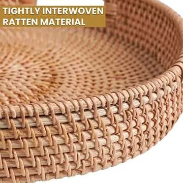 HOMESSENT Round Rattan Tray - Large -14 x 2.75 Inches- Natural Sturdy Round Wicker Tray with Cut-Out Handles- Hand Woven Tray for Storage & Decoration – Basket Tray for Serving Coffee, Fruits & Drinks