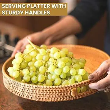 HOMESSENT Round Rattan Tray - Large -14 x 2.75 Inches- Natural Sturdy Round Wicker Tray with Cut-Out Handles- Hand Woven Tray for Storage & Decoration – Basket Tray for Serving Coffee, Fruits & Drinks