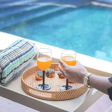 HOMESSENT Round Rattan Tray - Large -14 x 2.75 Inches- Natural Sturdy Round Wicker Tray with Cut-Out Handles- Hand Woven Tray for Storage & Decoration – Basket Tray for Serving Coffee, Fruits & Drinks