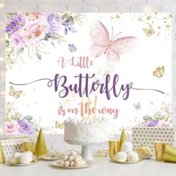 Aperturee 7x5ft Butterfly Baby Shower Backdrop A Little Butterfly is on The Way Photo Purple and Pink Floral Gold Spots Flowers Photography Background Princess Girl Party Decoration Banner Photo Booth