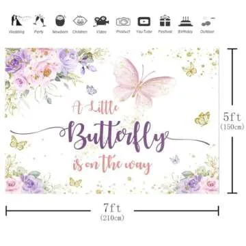 Aperturee 7x5ft Butterfly Baby Shower Backdrop A Little Butterfly is on The Way Photo Purple and Pink Floral Gold Spots Flowers Photography Background Princess Girl Party Decoration Banner Photo Booth