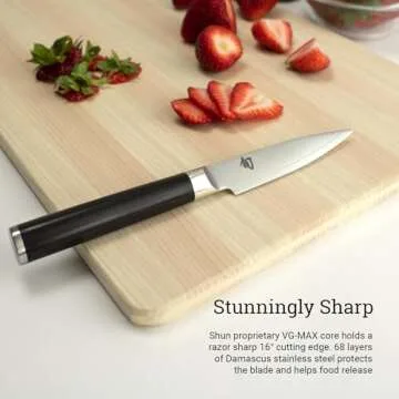 Shun Classic 3.5" Paring Knife, Handcrafted Japanese Vegetable & Fruit Knife, VG-MAX Core with Damascus Stainless Steel Cladding, Pakkawood Handle, Small Kitchen Tool for Peeling, Coring & Cutting