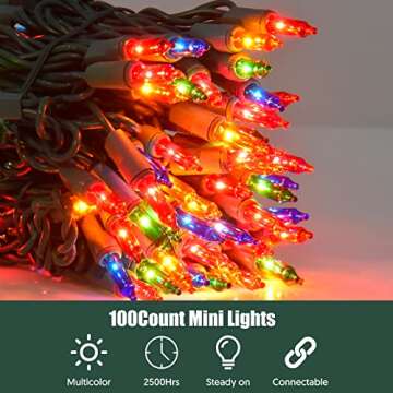 Dirnun Christmas Lights Multicolor 100 Count Incandescent Light UL Certified Connectable Christmas T...