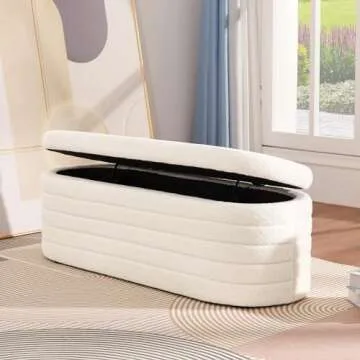 OuchTek Teddy Storage Ottoman Bench Modern Upholstered Storage Bench Sherpa Window Entryway Bench Oval White Ottoman with Storage for Living Room Bedroom Bench End of Bed