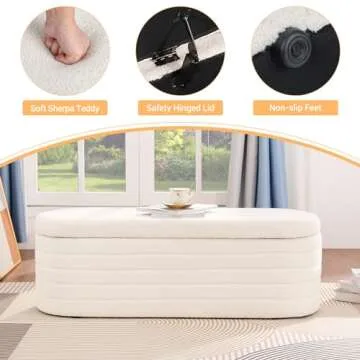 OuchTek Teddy Storage Ottoman Bench Modern Upholstered Storage Bench Sherpa Window Entryway Bench Oval White Ottoman with Storage for Living Room Bedroom Bench End of Bed