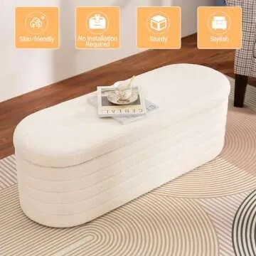OuchTek Teddy Storage Ottoman Bench Modern Upholstered Storage Bench Sherpa Window Entryway Bench Oval White Ottoman with Storage for Living Room Bedroom Bench End of Bed