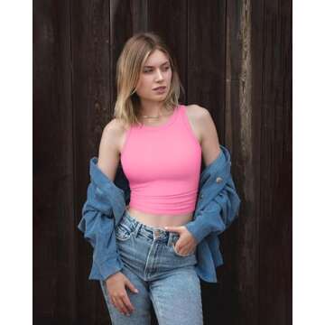 OQQ Women's 2 Piece Tank Tops Crew Neck Sleeveless Basic Stretch Casusal Yoga Crop Camis Fluorescent Pink White