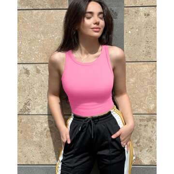 OQQ Women's 2 Piece Tank Tops Crew Neck Sleeveless Basic Stretch Casusal Yoga Crop Camis Fluorescent Pink White