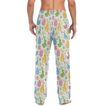 Pfrewn Men's Pajama Pants with Easter Eggs, Bunnies & Flowers, Comfy Lounge Bottoms