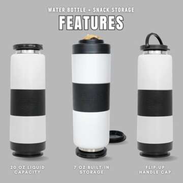 FLPSDE Dual Chamber Water Bottle with Integrated Storage Compartment for Snacks and More - Stainless Steel, Vacuum Insulated - 2 in 1 Container for Travel, School, Hiking, Sports, Work, Office, Gift