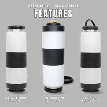 FLPSDE Dual Chamber Water Bottle with Integrated Storage Compartment for Snacks and More - Stainless Steel, Vacuum Insulated - 2 in 1 Container for Travel, School, Hiking, Sports, Work, Office, Gift