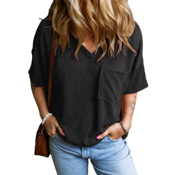 EVALESS Womens Tops Oversized Short Sleeve T Shirts Womens Summer Outfits Black Blouses for Women Dr...