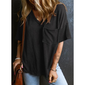 EVALESS Women's Oversized Short Sleeve V-Neck Tops