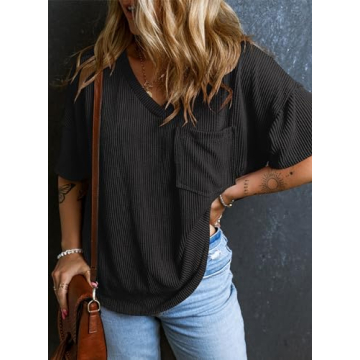 EVALESS Women's Oversized Short Sleeve V-Neck Tops